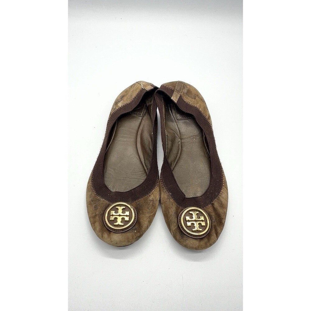 TORY BURCH Elastic Logo Caroline Suede Ballerina Ballet Flats Brown 7M